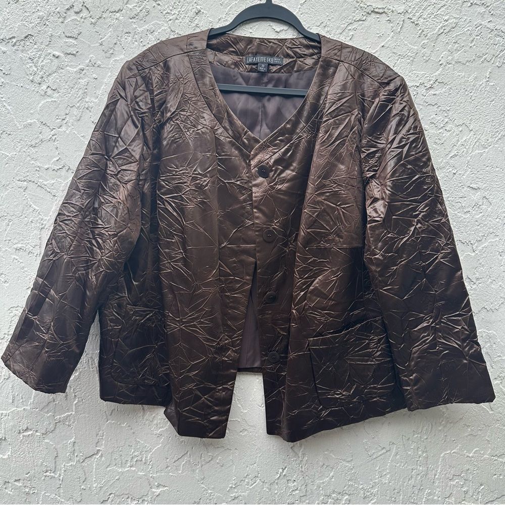 LAFAYETTE 148 Jacket Women Size 20 Crushed Crinkle Collarless Pockets Brown - Picture 5 of 9